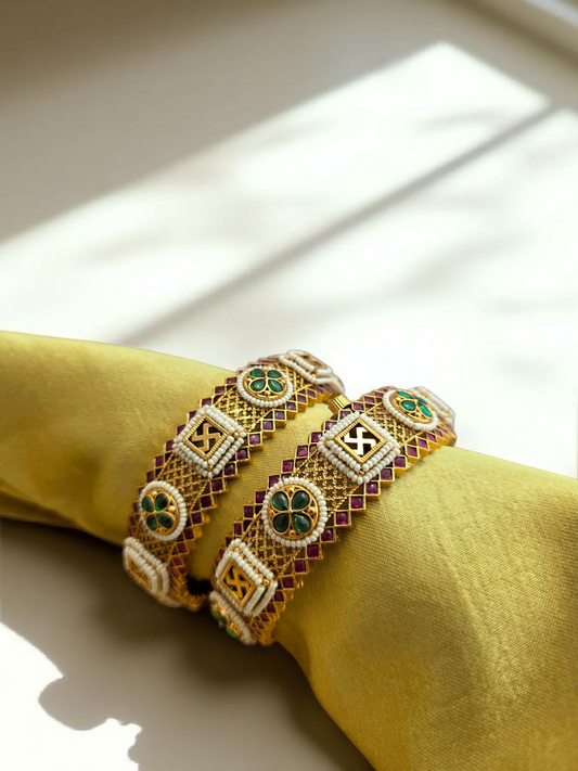 Swastik & Floral Traditional Kundan Bangles – Ruby & Green Detailing