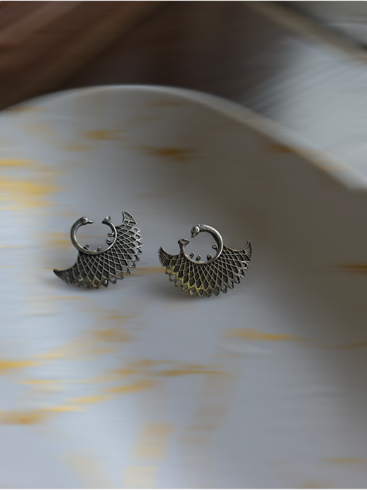 Oxidised Peacock Motif Studs Earrings – Brass Based Work Wear