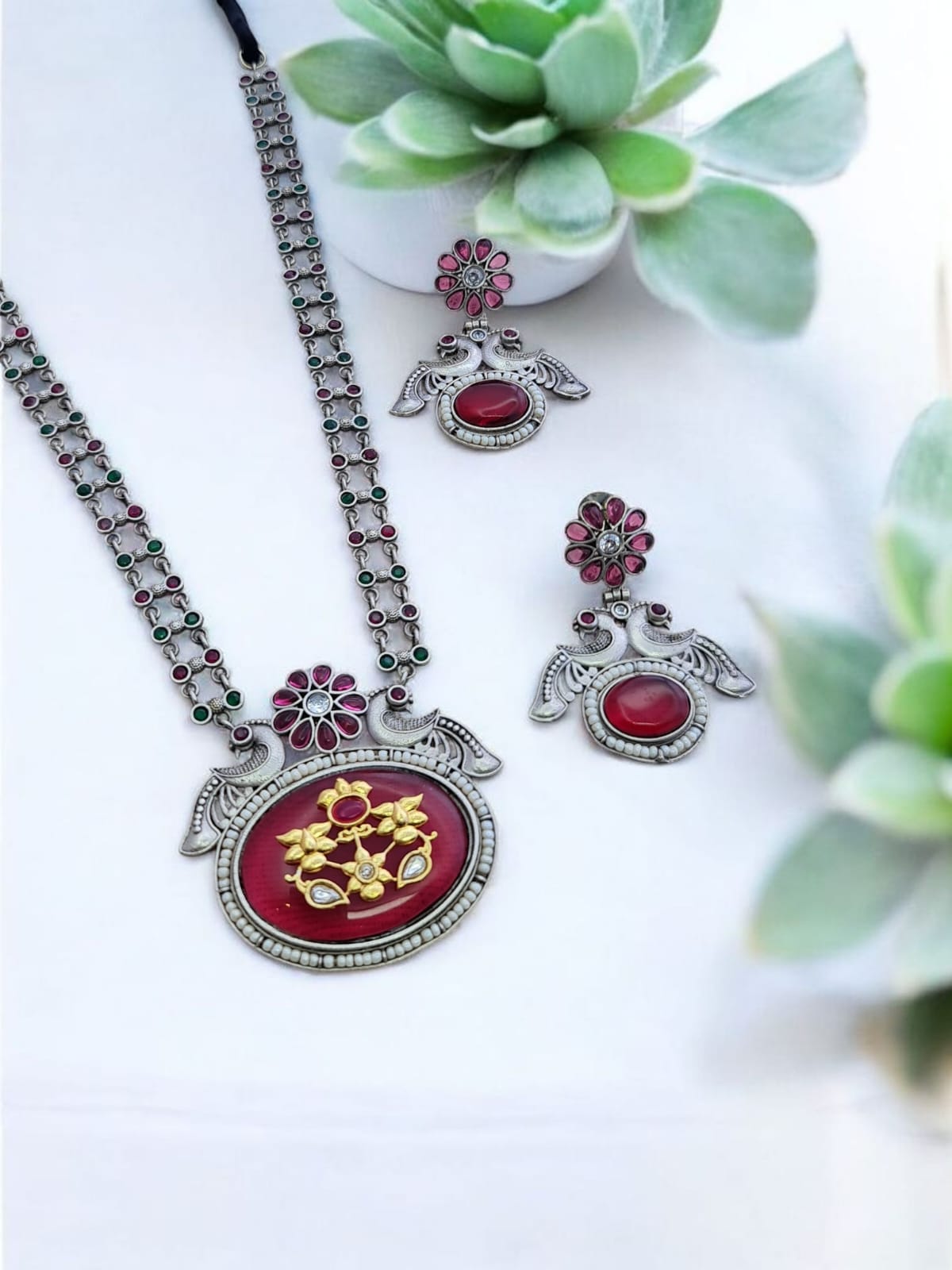 Oxidised Red Stone Necklace Set – Temple Motif & Floral Design