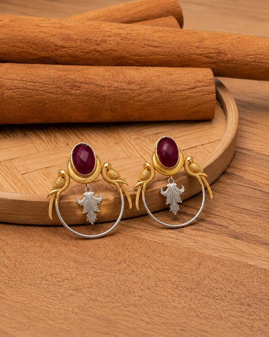 Dual Tone Parrot Motif Chandbali Earrings with Ruby Monalisa Stone
