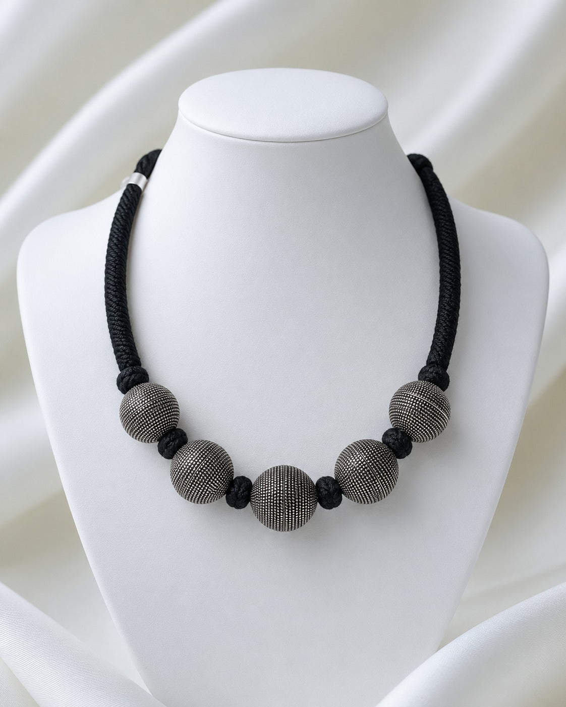 Oxidised Silver Finish Tribal Bead Necklace with Black Cord