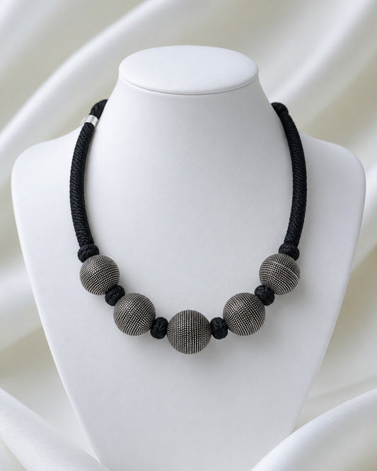 Oxidised Silver Finish Tribal Bead Necklace with Black Cord