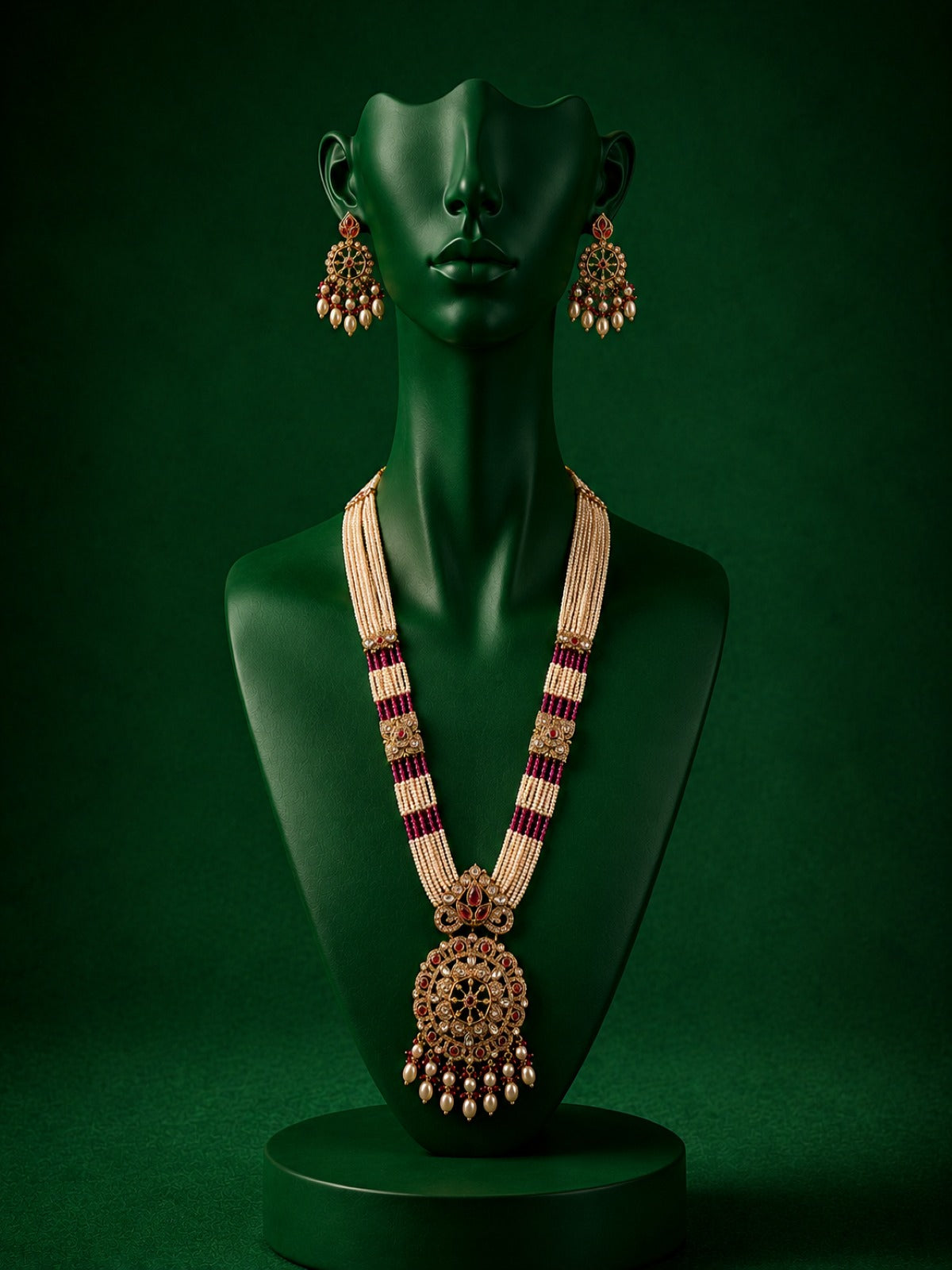 Antique Gold Finish Pearl Long Necklace Set with Ruby Stones