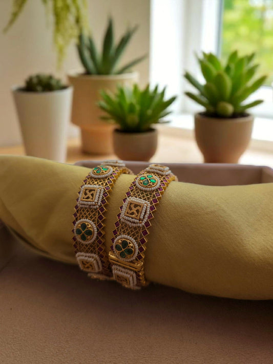 Swastik & Floral Traditional Kundan Bangles – Ruby & Green Detailing