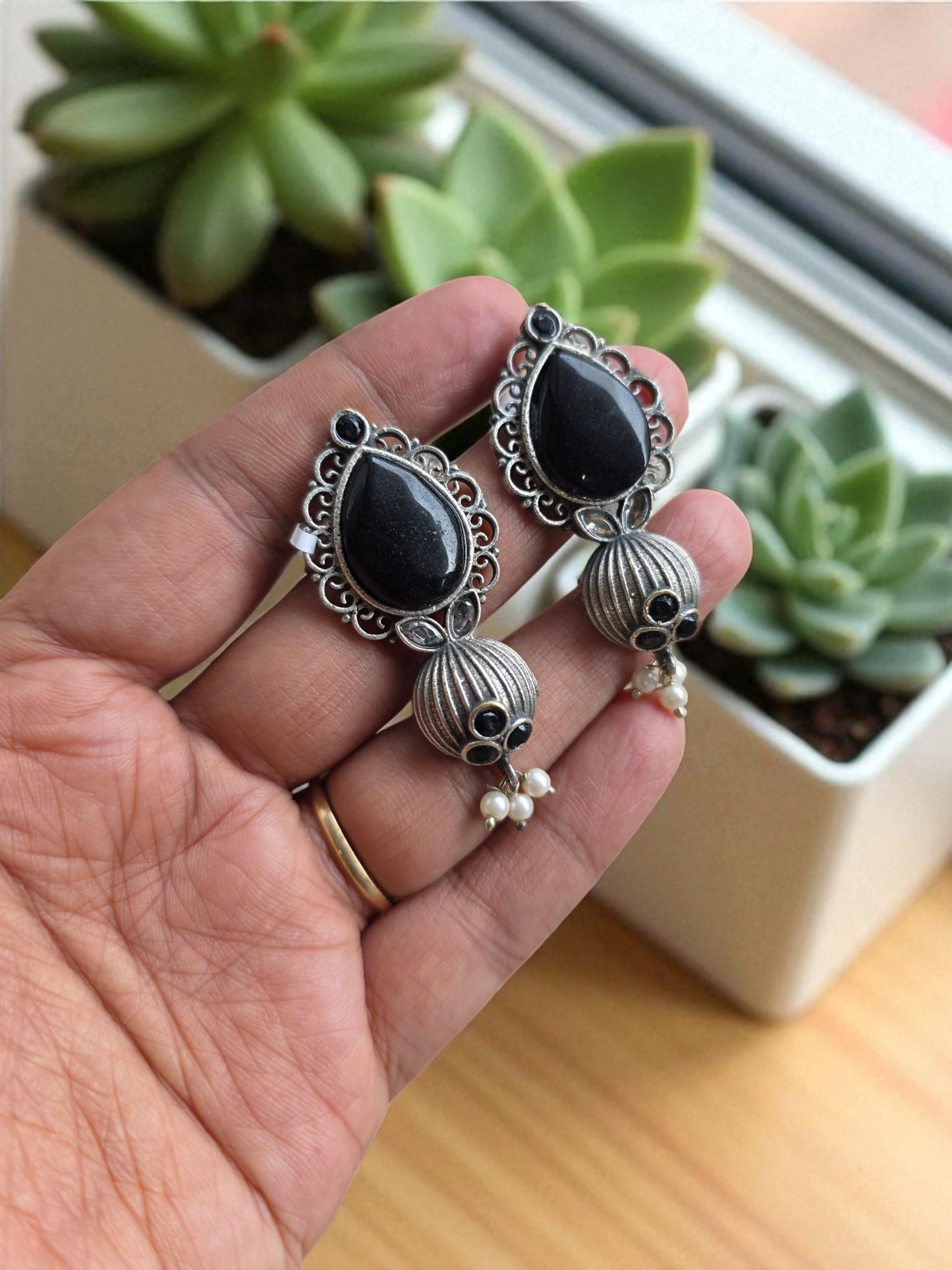Black Drop Brass Earrings – Lightweight Oxidised Finish