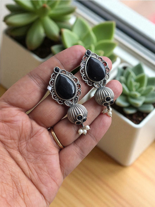 Black Drop Brass Earrings – Lightweight Oxidised Finish