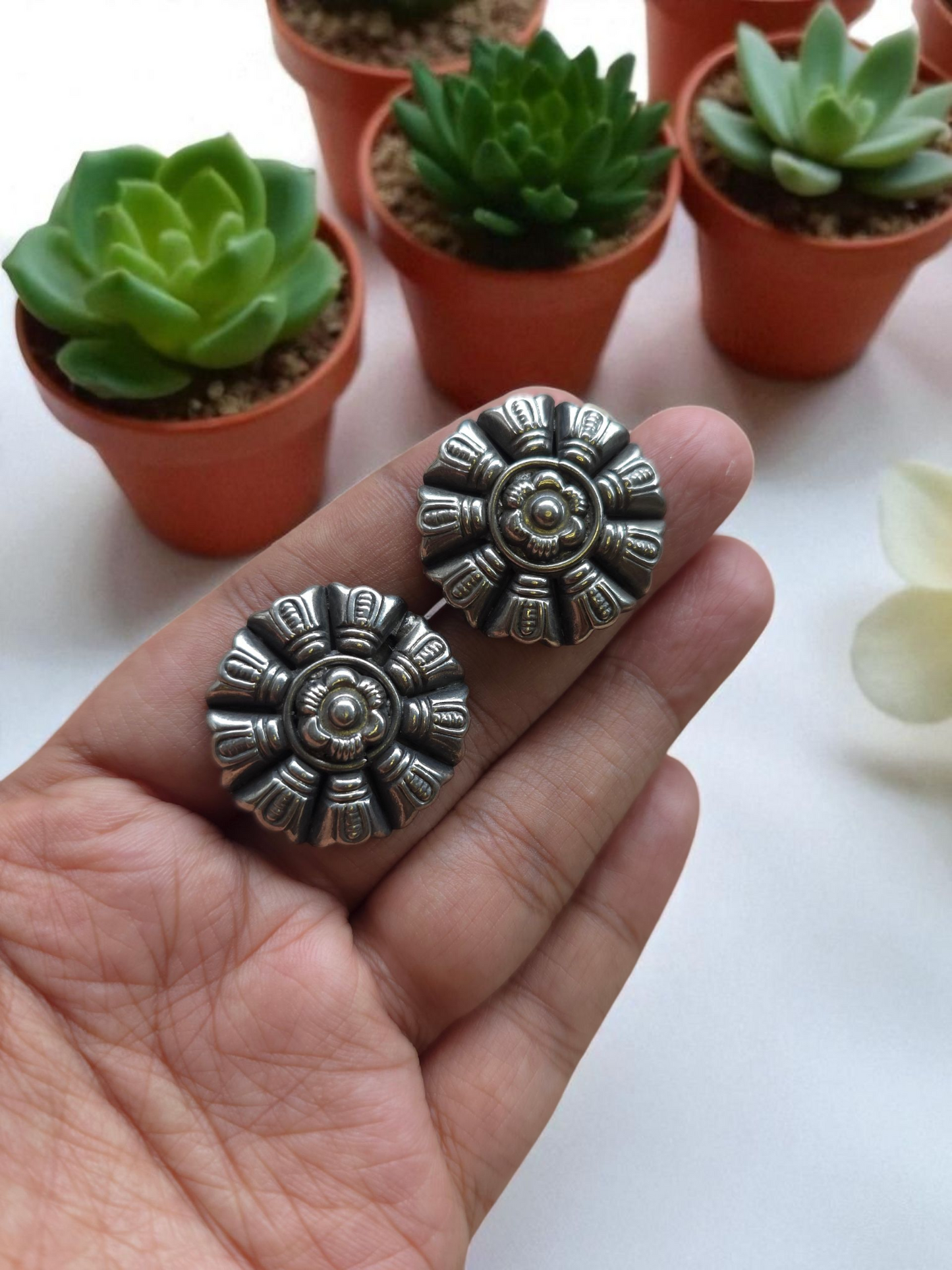 Handcrafted Floral Studs in Silver Finish – Brass Based Light Weight