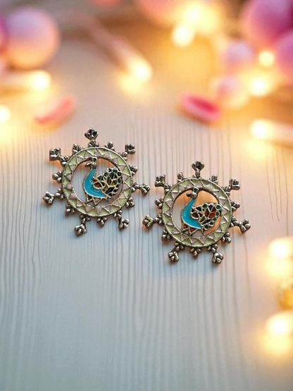 Peacock Stud Earrings with Meenakari Detailing