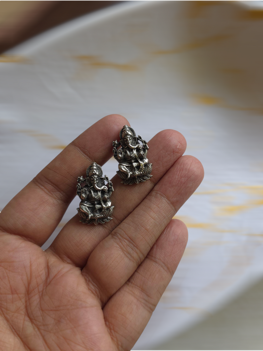 Ganpati Stud Earrings – Silver Replica Finish