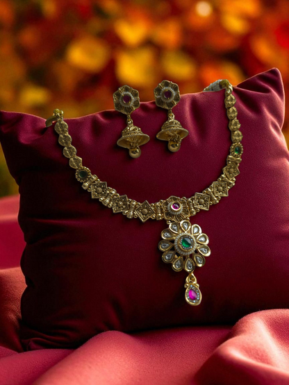 Antique Gold Replica Necklace Set with Jhumka Earrings