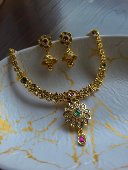 Antique Gold Replica Necklace Set with Jhumka Earrings
