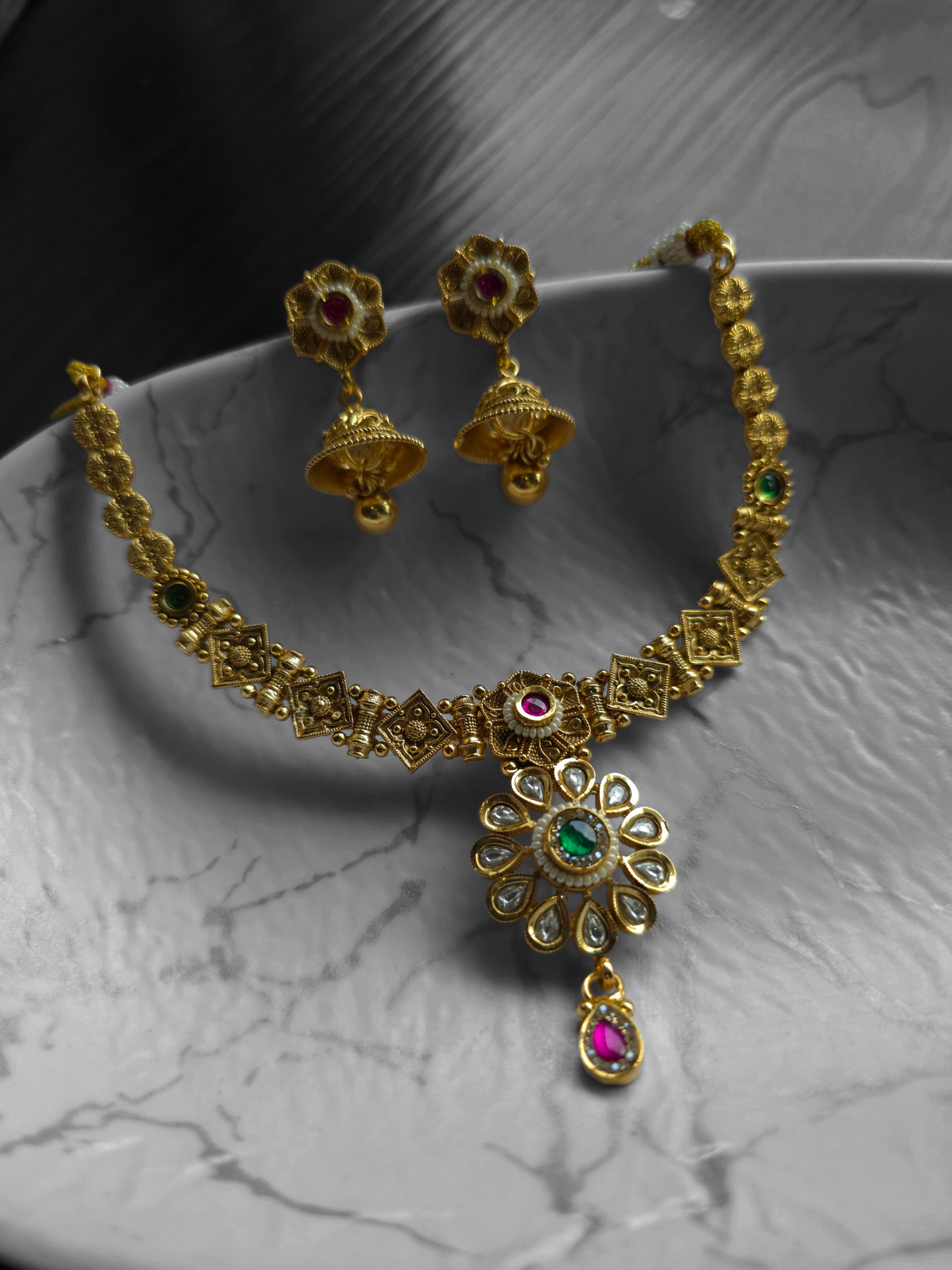Antique Gold Replica Necklace Set with Jhumka Earrings