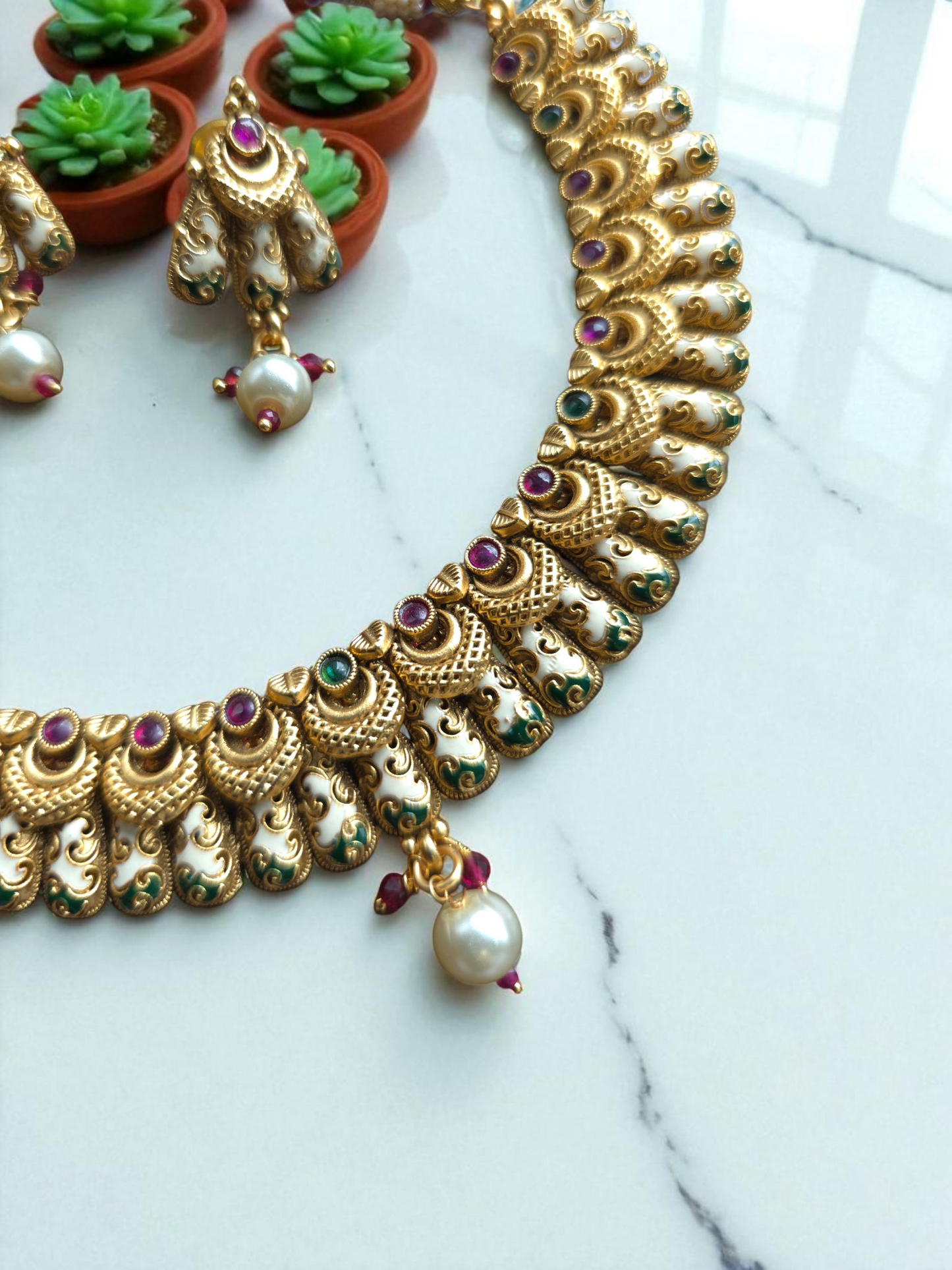 Antique Gold Replica Necklace Set with Meenakari & Jhumki Drops