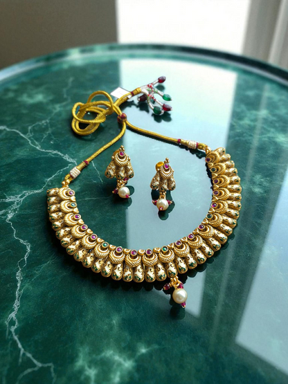 Antique Gold Replica Necklace Set with Meenakari & Jhumki Drops