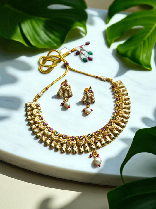 Antique Gold Replica Necklace Set with Meenakari & Jhumki Drops