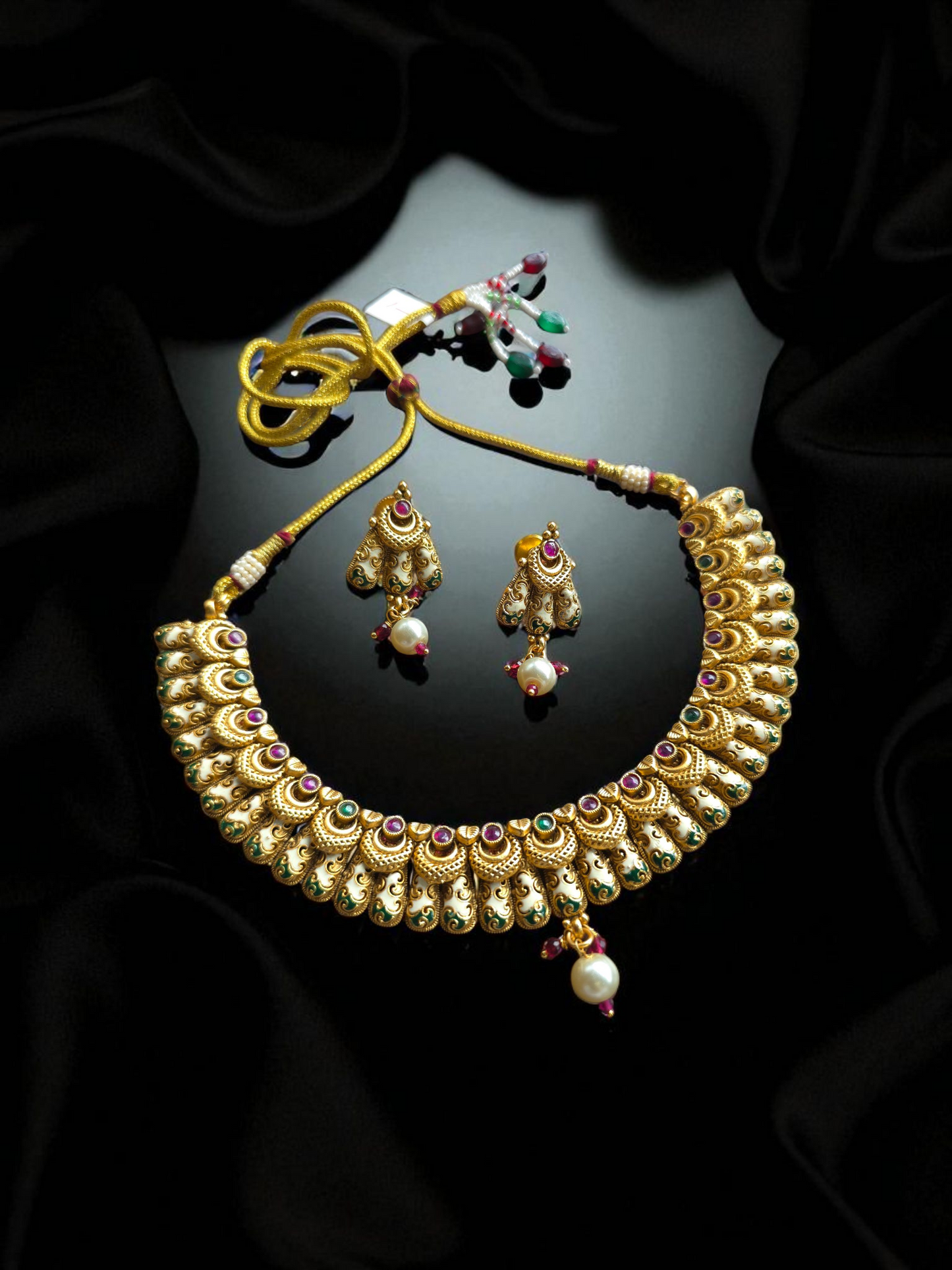 Antique Gold Replica Necklace Set with Meenakari & Jhumki Drops