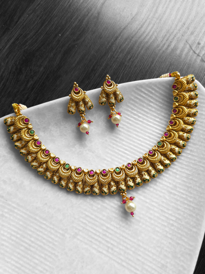 Antique Gold Replica Necklace Set with Meenakari & Jhumki Drops