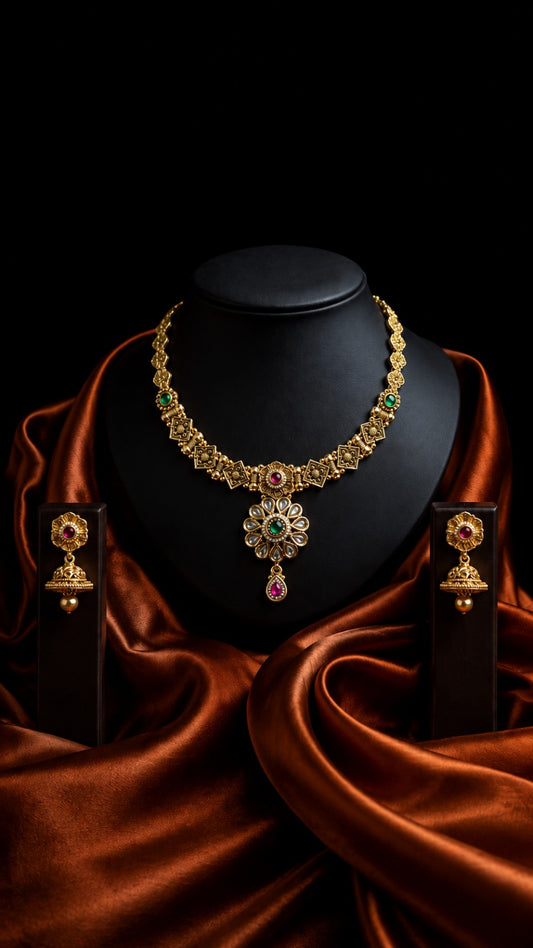 Antique Gold Replica Necklace Set with Jhumka Earrings