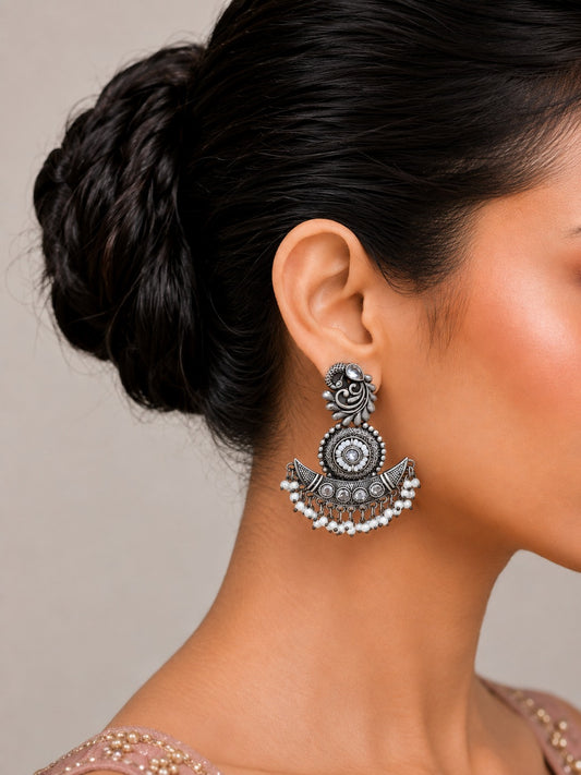 Oxidized Silver Peacock Motif Statement Earrings with Pearl Drops