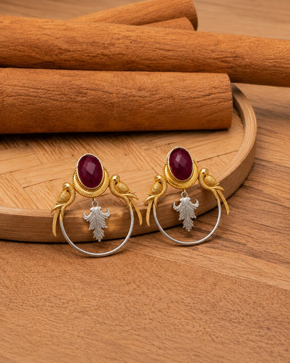 Dual Tone Parrot Motif Chandbali Earrings with Ruby Monalisa Stone