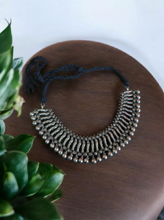 Handcrafted Mithu Motif Silver Look Statement Necklace