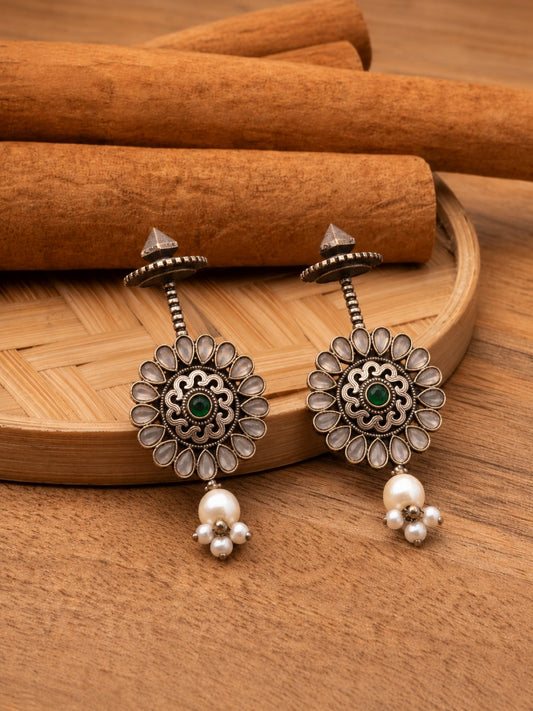 Edgy Oxidized Silver Monalisa Stone Stud Earrings with Pearl Drops