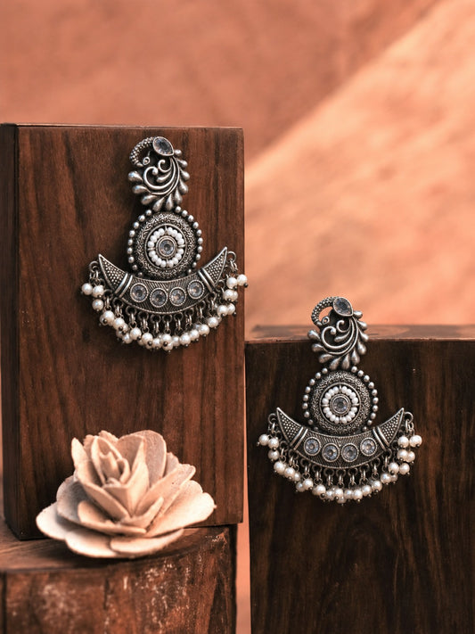Oxidized Silver Peacock Motif Statement Earrings with Pearl Drops