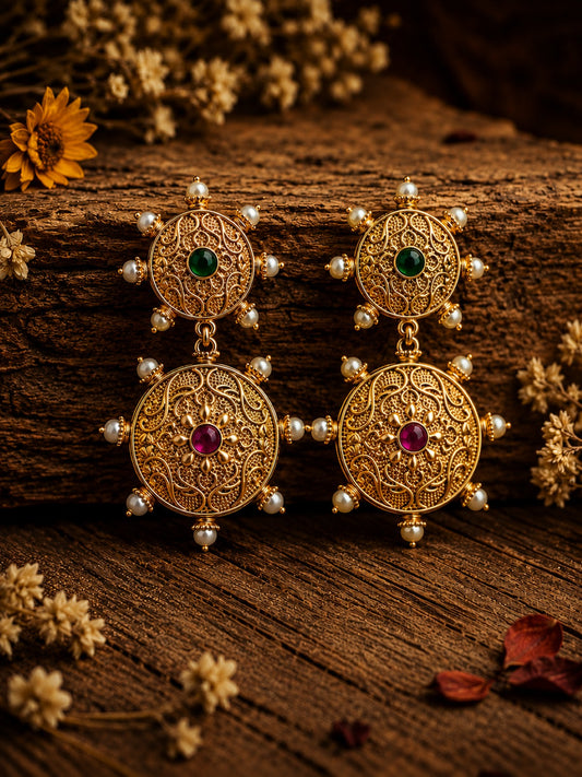 Antique Gold Nakkashi Pearl Dangler Earrings | Heritage Statement Earrings
