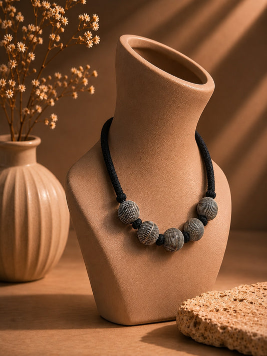 Oxidised Silver Finish Tribal Bead Necklace with Black Cord