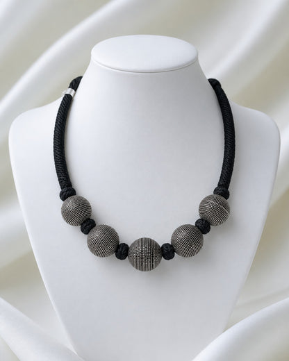Oxidised Silver Finish Tribal Bead Necklace with Black Cord