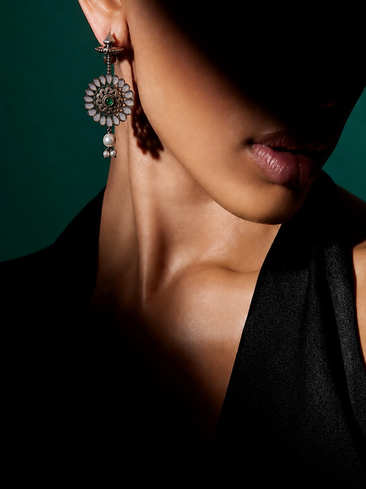 Edgy Oxidized Silver Monalisa Stone Stud Earrings with Pearl Drops