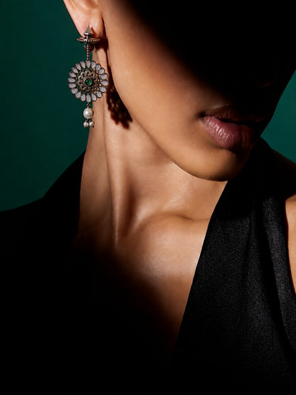 Edgy Oxidized Silver Monalisa Stone Stud Earrings with Pearl Drops