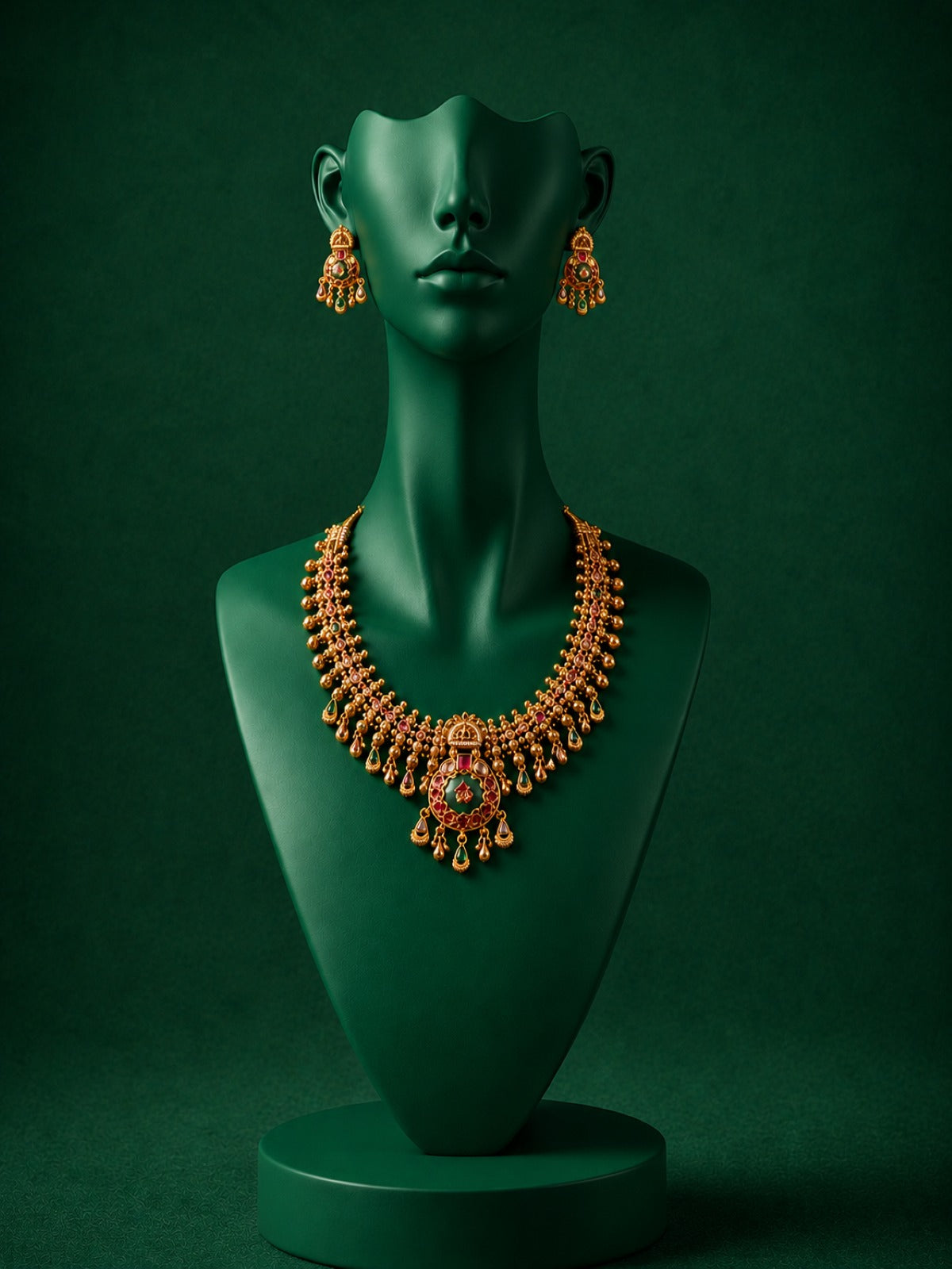 Antique Gold Finish Heritage Necklace Set with Ruby & Green Stones