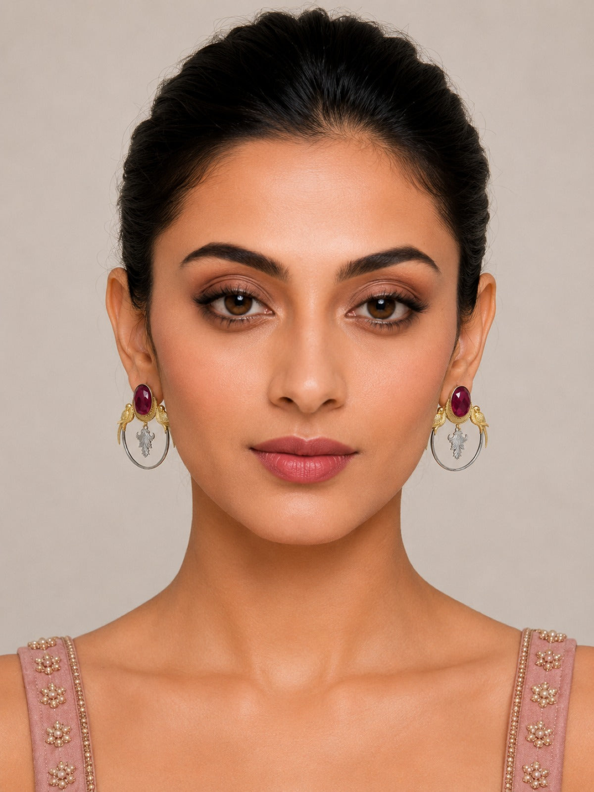 Dual Tone Parrot Motif Chandbali Earrings with Ruby Monalisa Stone