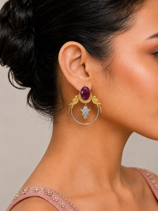 Dual Tone Parrot Motif Chandbali Earrings with Ruby Monalisa Stone