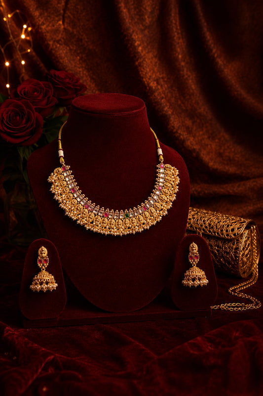 Antique Gold Finish Lakshmi Ginni Temple Necklace Set with Kundan & Pearl Jhumkas
