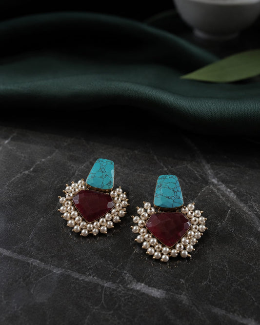 Handcrafted Turquoise & Monalisa Stone Pearl Stud Earrings | Brass Statement Earrings